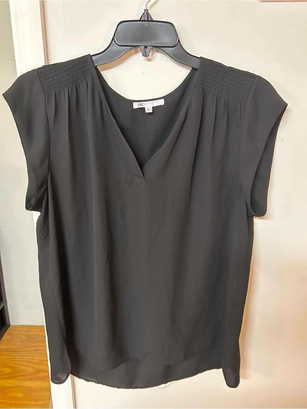 DR2 Black V-Neck Cap Sleeve Blouse with Shirred Shoulders
